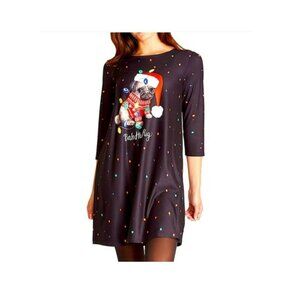 💰3/$25  NWT Dress Works Christmas Swing Dress Dog "Bah Hum Pug" Multicolor S
